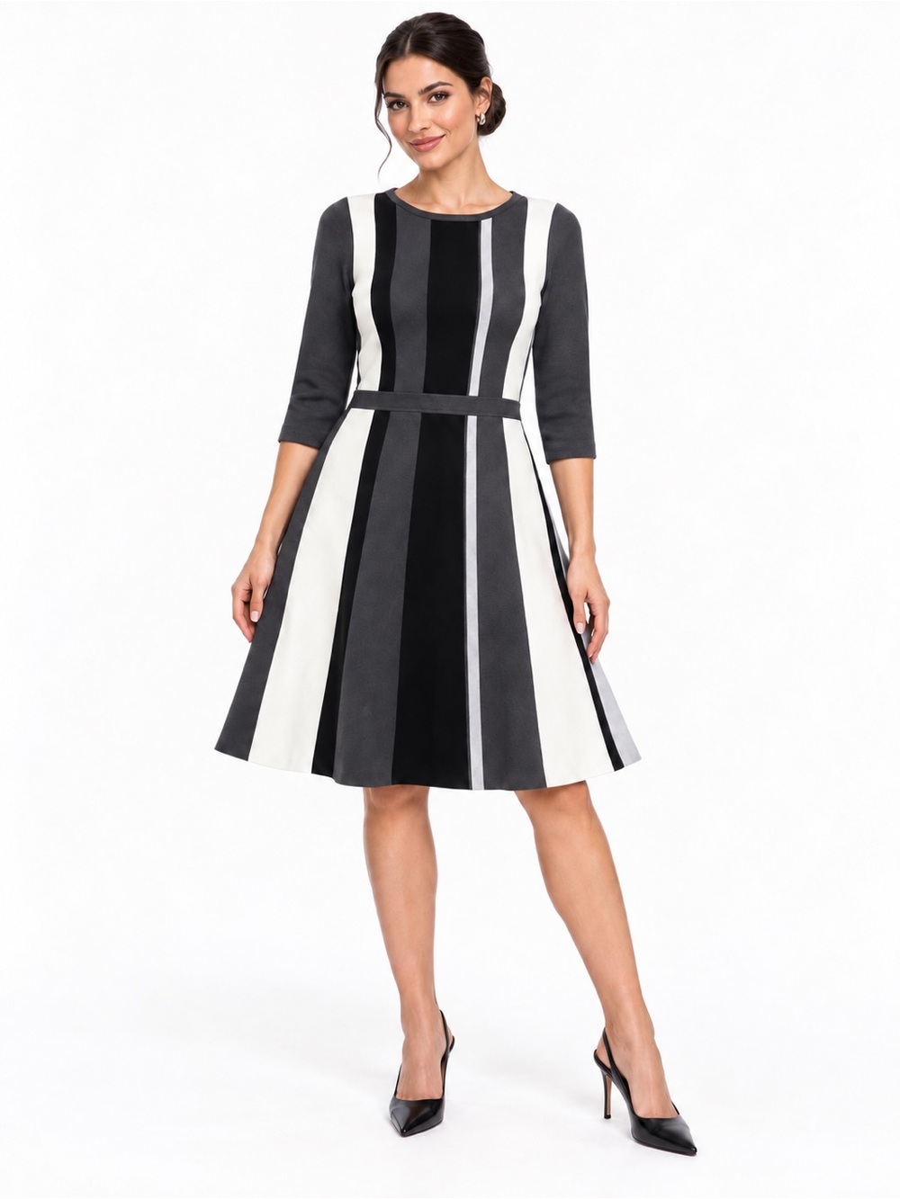 Boden SZ 6 Black/gray/cream fit & flare striped knit dress/Bust 32”-38”